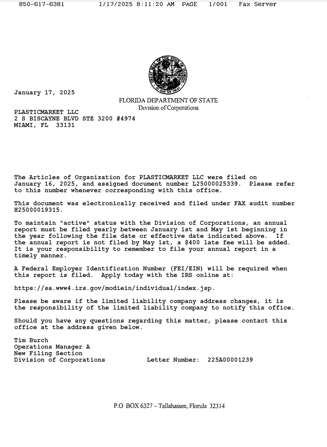 Certificado de constitución PlasticMarket LLC
